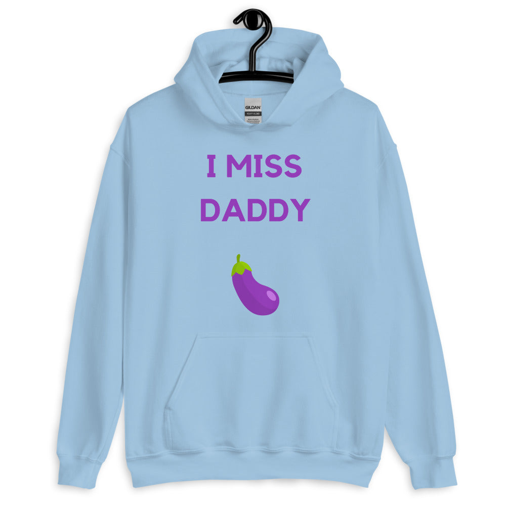 Front view of a light blue hoodie reading “I MISS DADDY” with a purple eggplant graphic