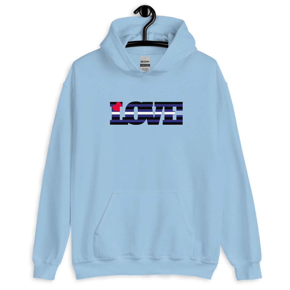 Front view of a light blue hoodie with a striped “LOVE” graphic and red heart