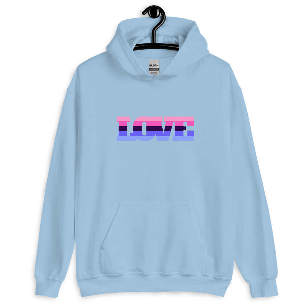 Front view of a light blue hoodie on a hanger with colorful LOVE lettering