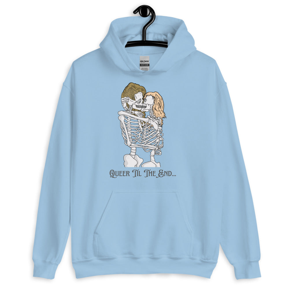 Front view of a light blue hoodie with two kissing skeletons and “QUEER TIL THE END...”