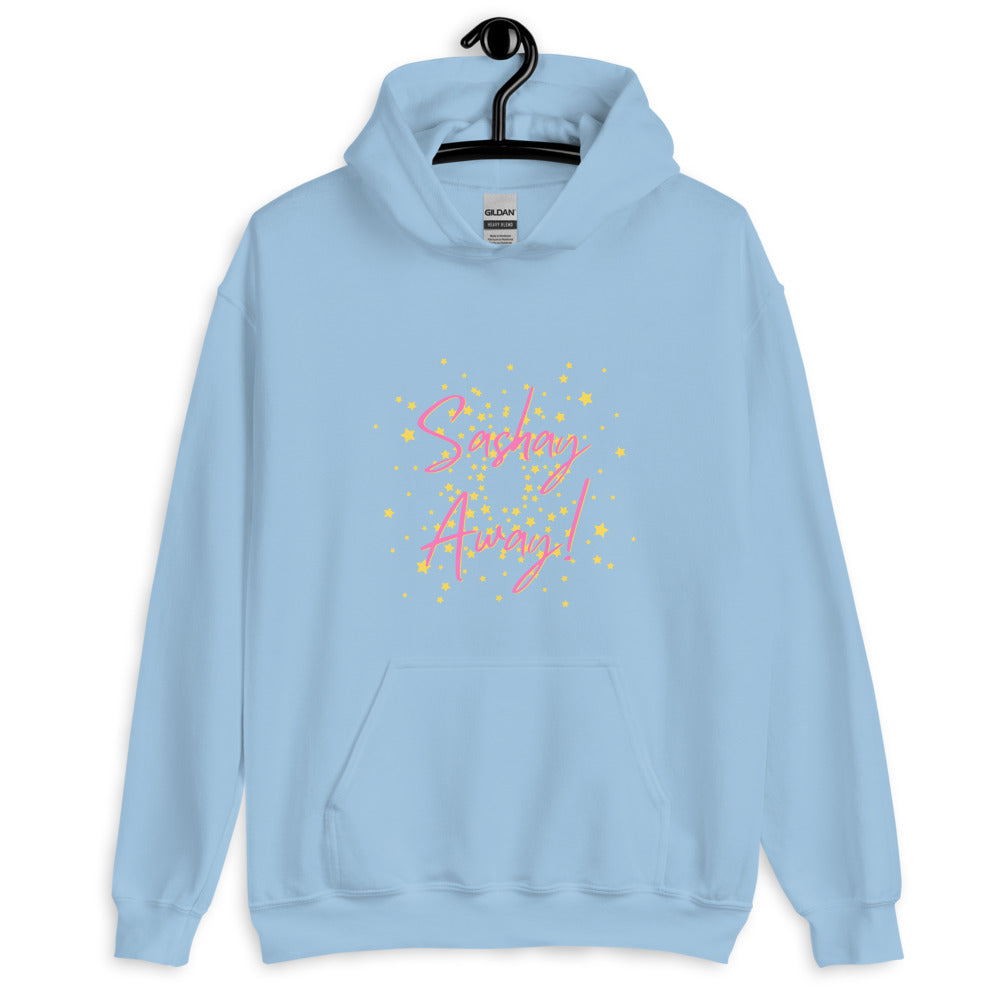 Light blue hoodie on a hanger with pink “Sashay Away!” script and yellow stars