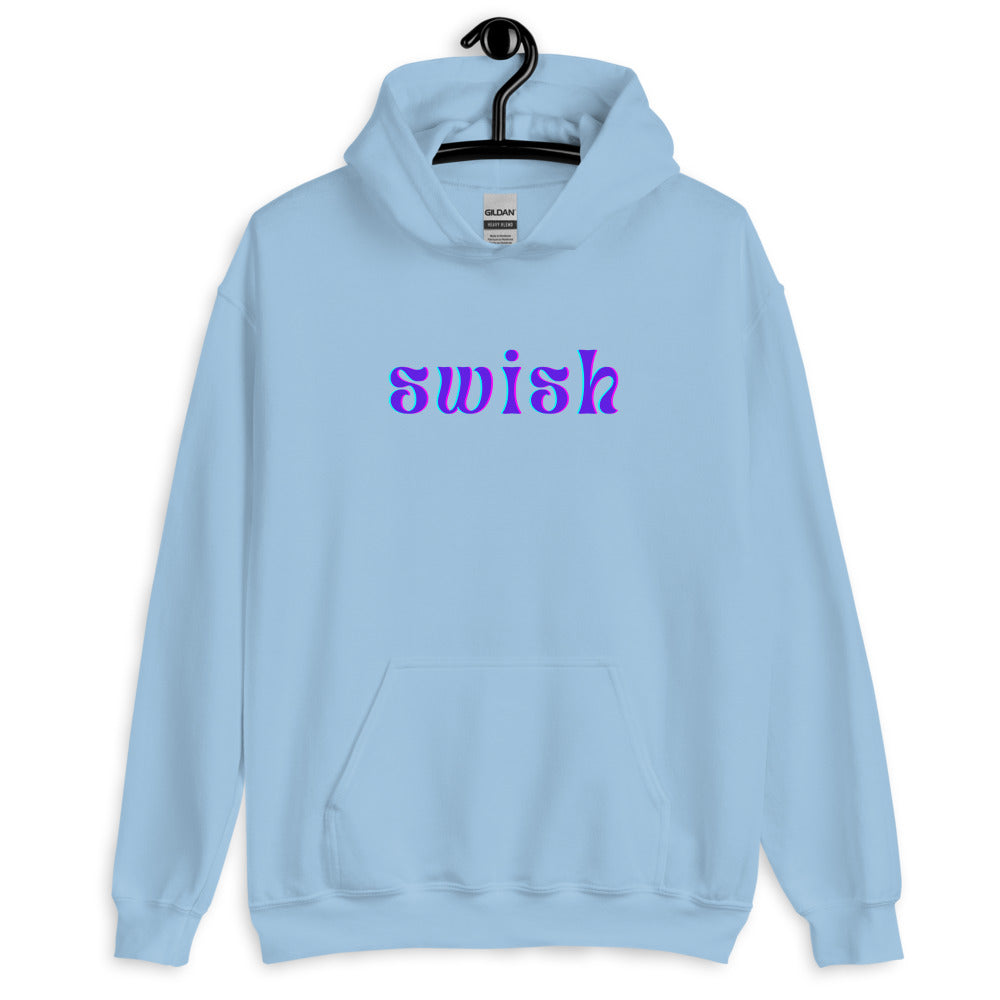 Front view of a light blue hoodie on a hanger with purple-blue “swish” lettering
