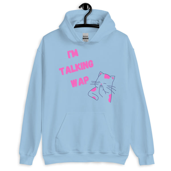 Front view of a light blue hoodie reading “I’M TALKING WAP” with a pink cat graphic