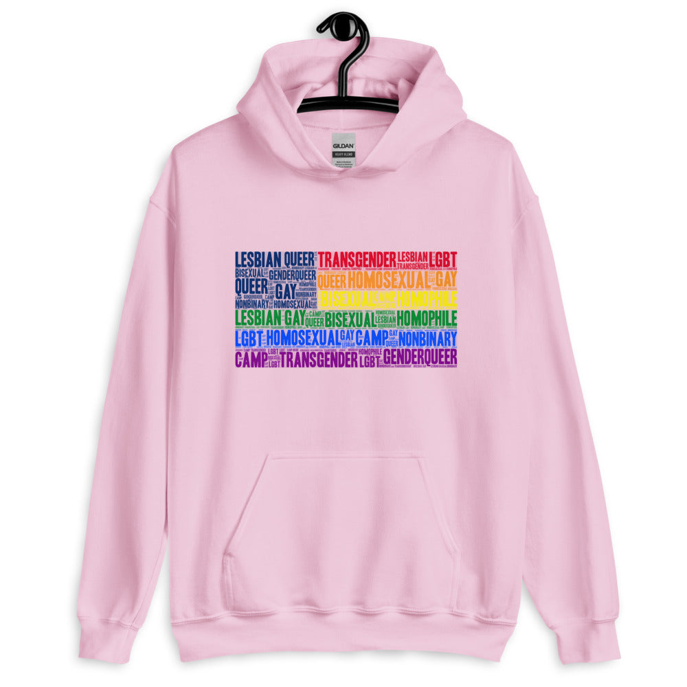 Front view of a pink pullover hoodie with a multicolored LGBTQ+ word collage