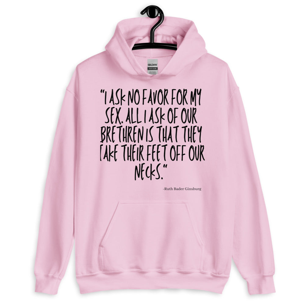 Front view of a pink pullover hoodie with black Ruth Bader Ginsburg quote lettering