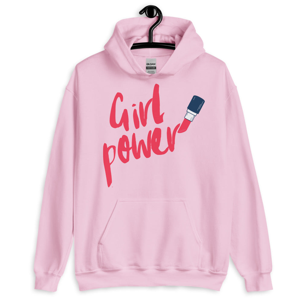 Front-facing light pink hoodie on a hanger reading “Girl Power” with a lipstick graphic