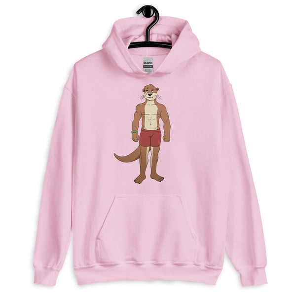 Front-view pink hoodie with a shirtless cartoon otter in red shorts