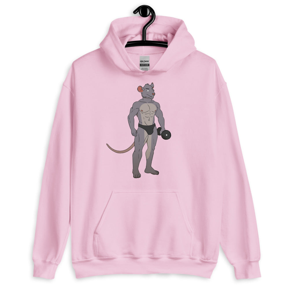 Front view of a pink hoodie with a muscular anthropomorphic rat lifting a dumbbell