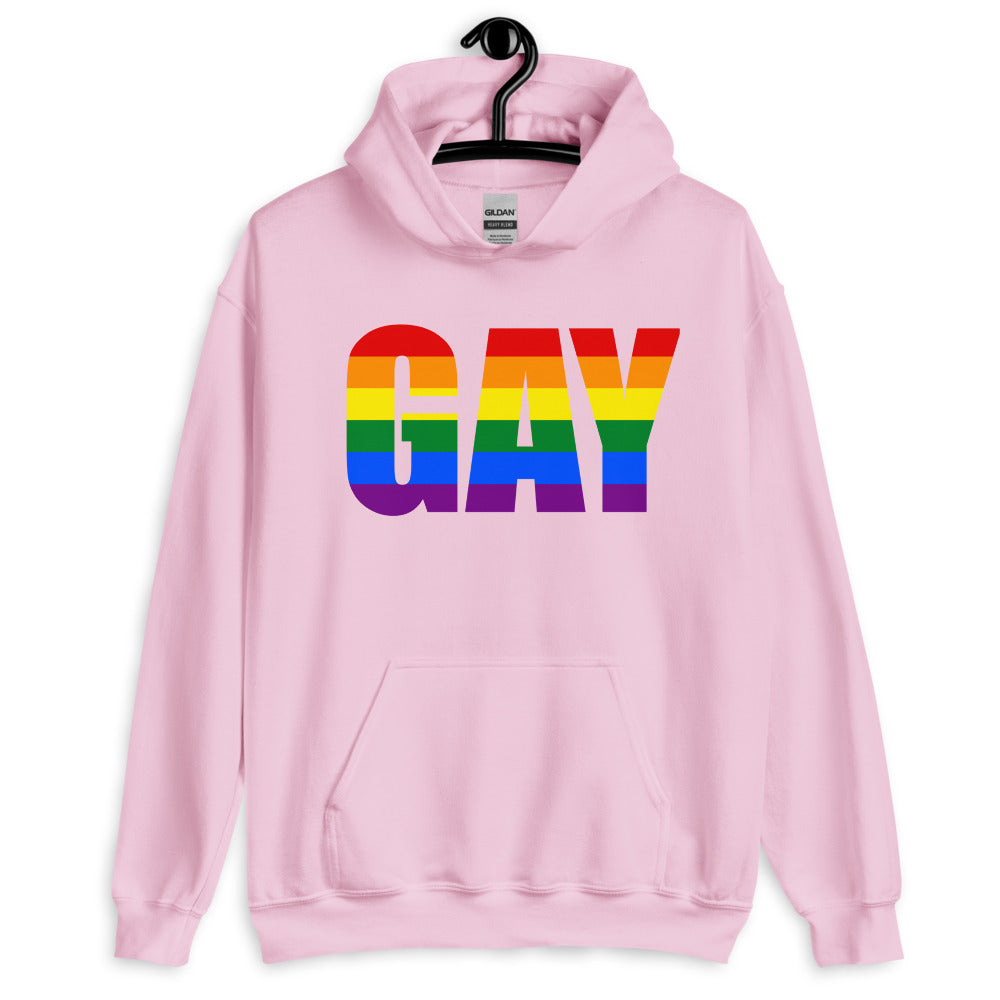 Front view of a pink hoodie with large rainbow-striped “GAY” lettering