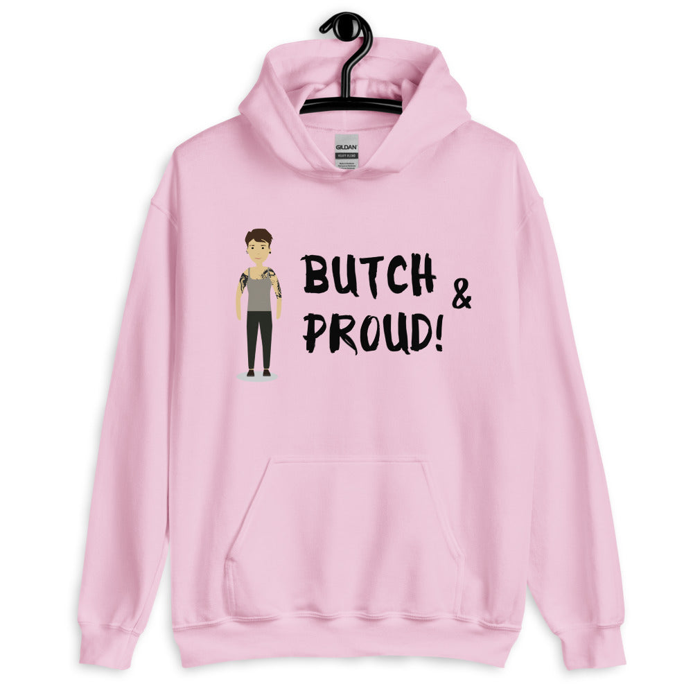 Front-view light pink hoodie on a hanger reading “BUTCH & PROUD!”
