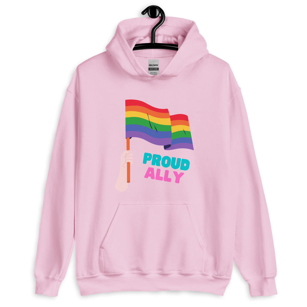 Front view of a pink hoodie with rainbow flags and “PROUD ALLY” graphic