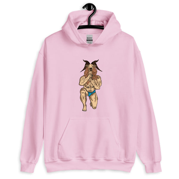 Front-facing pink hoodie with a horned goat illustration wearing blue briefs