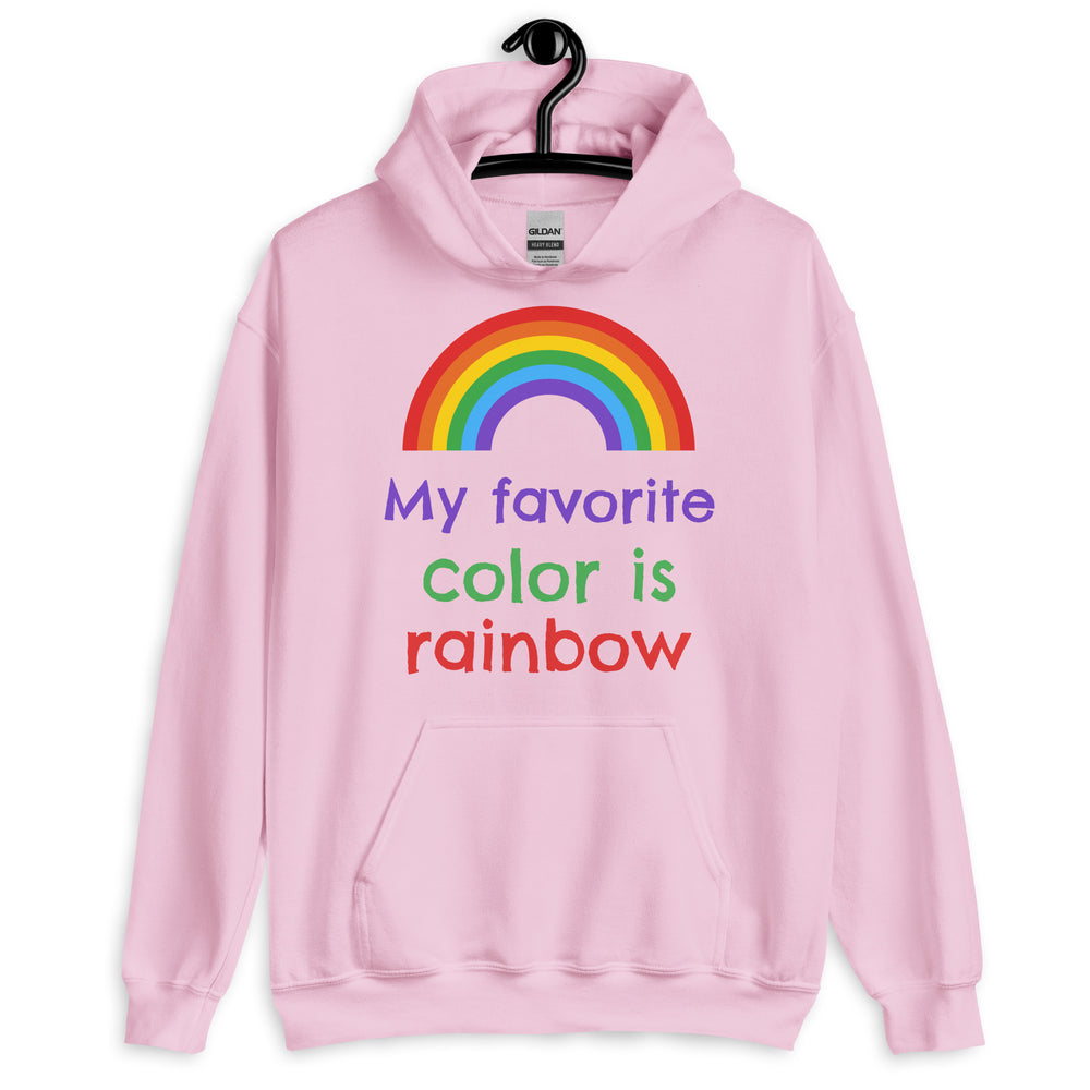 Front view of a pink hoodie with a rainbow and “My favorite color is rainbow” text