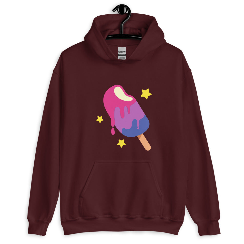 Front view of a maroon pullover hoodie with a colorful melting popsicle and stars