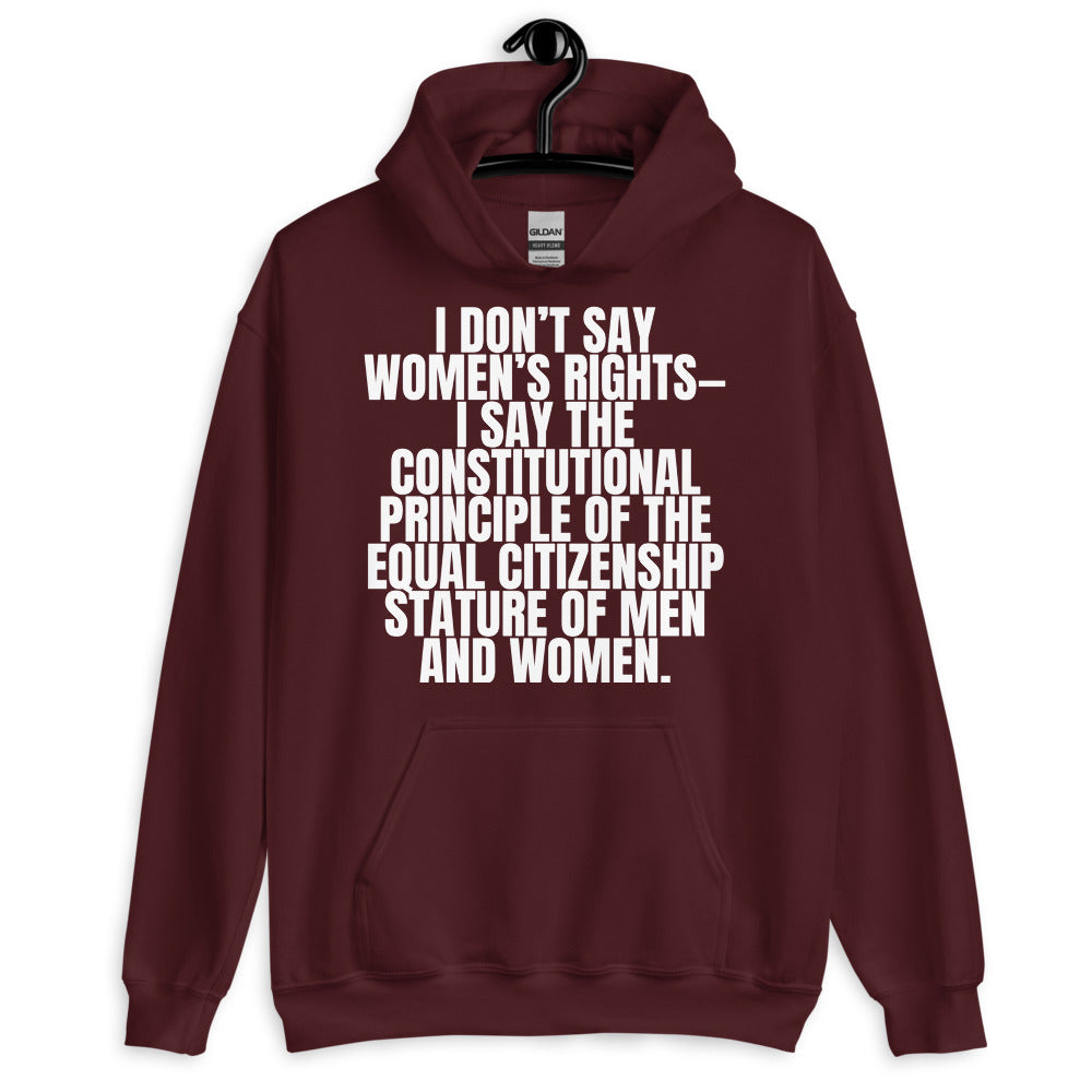 Front view of a maroon pullover hoodie with bold white equality statement text