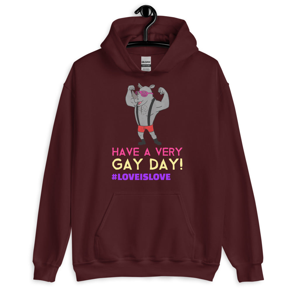 Front view of a maroon hoodie with a flexing cartoon figure and “HAVE A VERY GAY DAY!” text