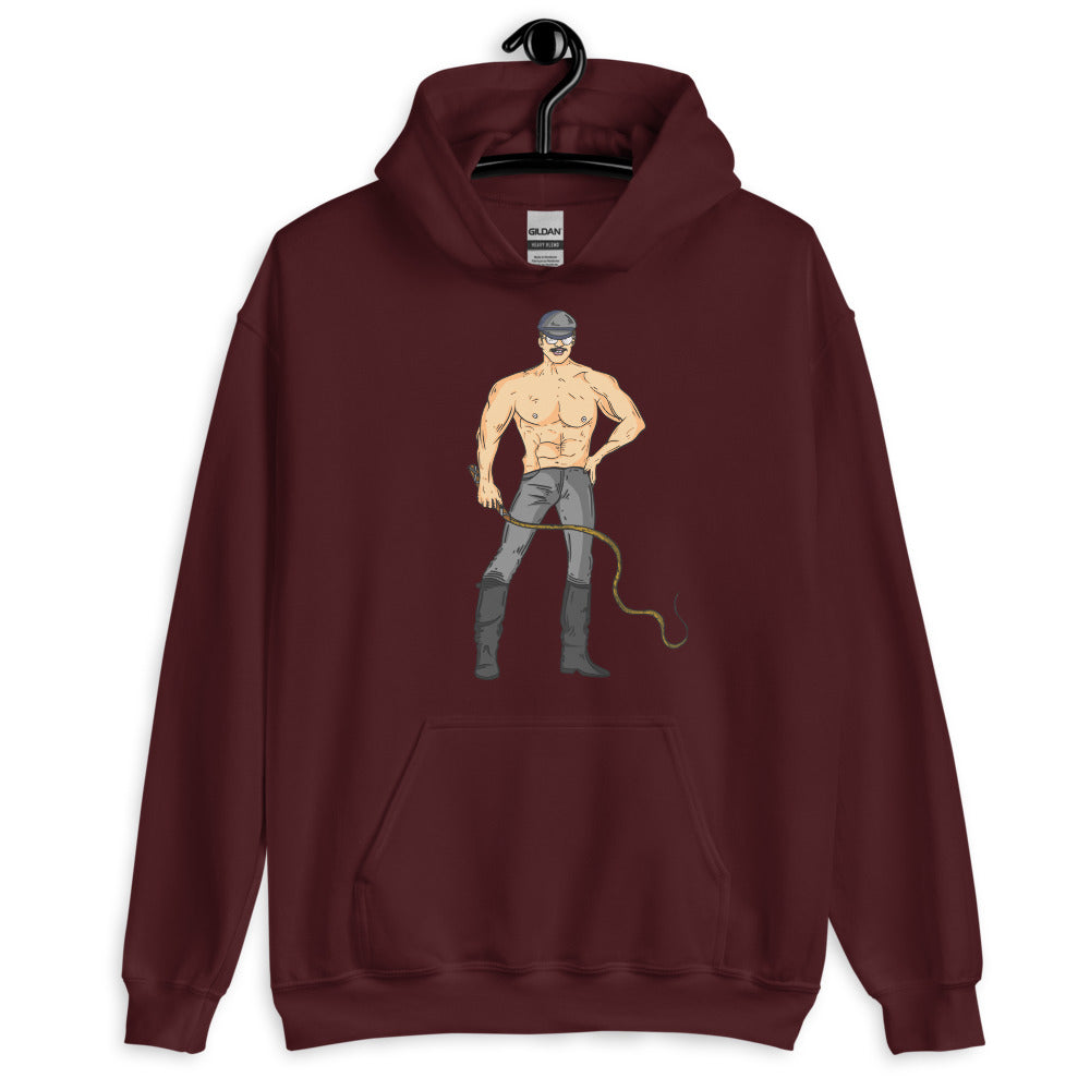 Front view of a maroon hoodie with a shirtless masked man holding a whip graphic