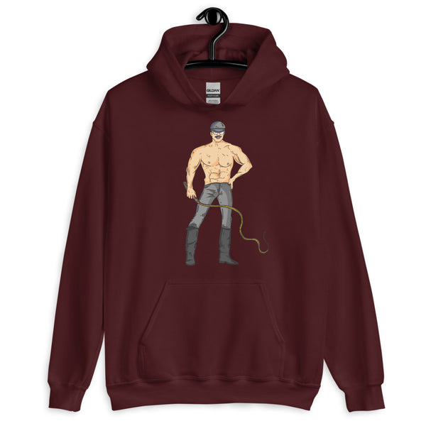 Front view of a maroon hoodie with a shirtless masked man holding a whip graphic