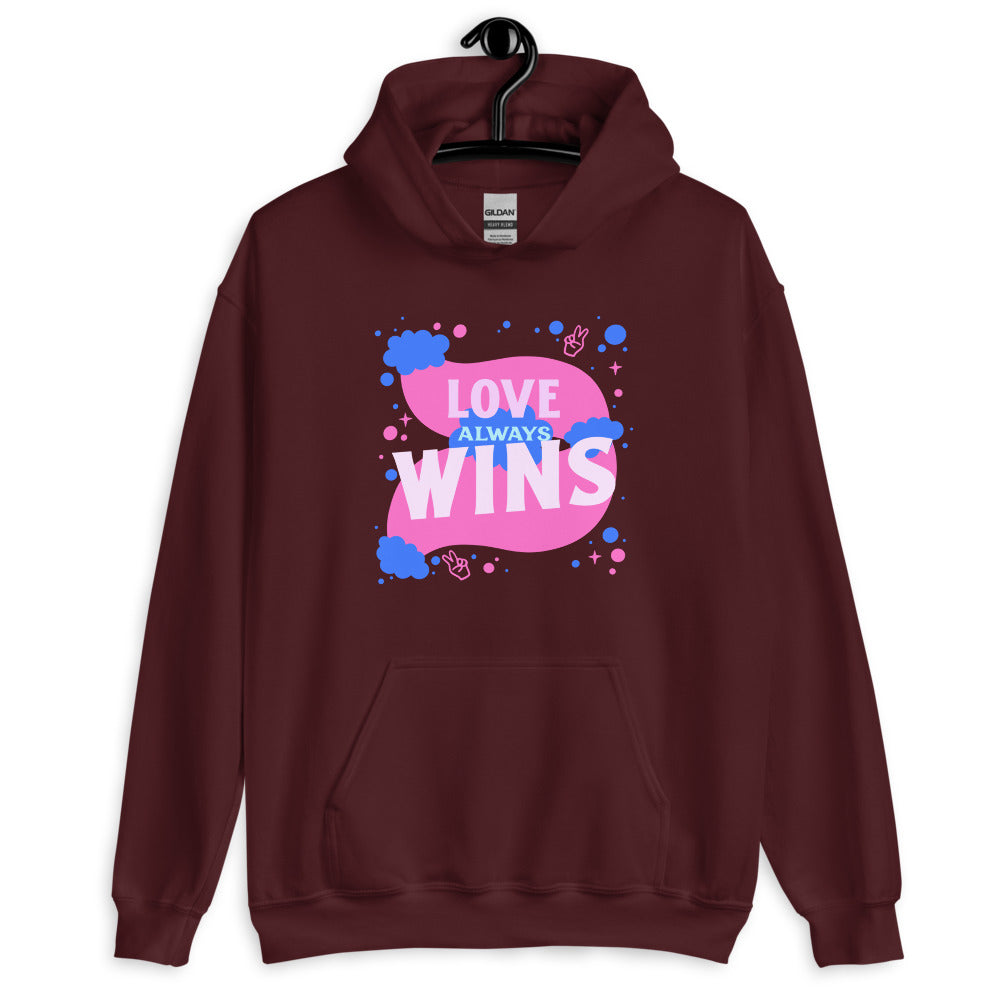 Front-facing maroon hoodie with a colorful “LOVE ALWAYS WINS” graphic