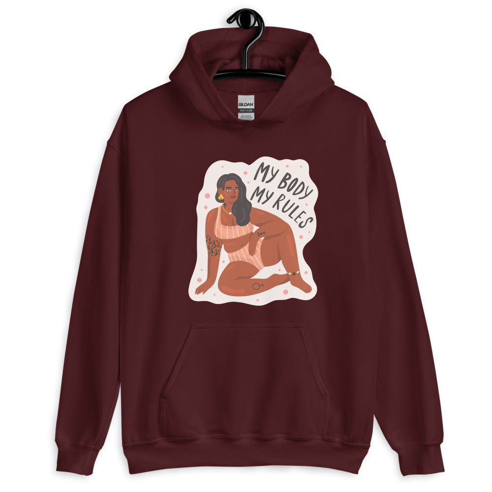 Front view of a maroon hoodie reading “My Body My Rules,” with a seated illustrated woman