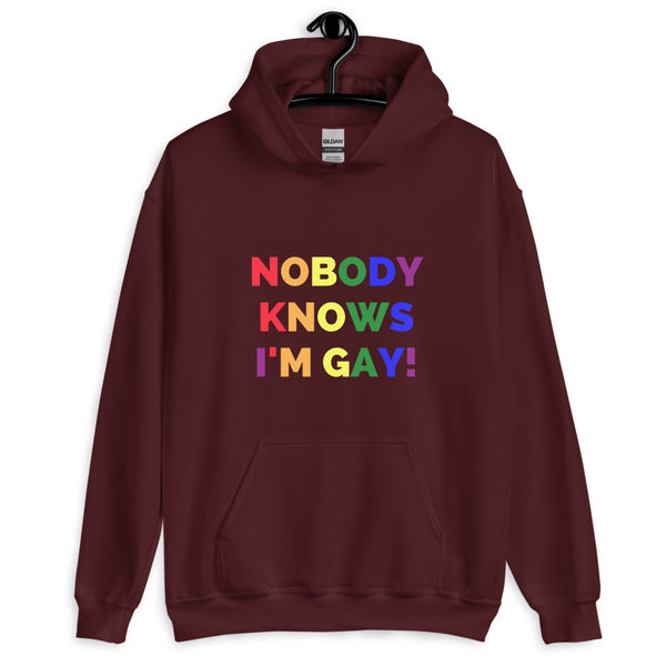 Maroon Nobody Knows I'm Gay! Unisex Hoodie by Queer In The World Originals sold by Queer In The World: The Shop - LGBT Merch Fashion