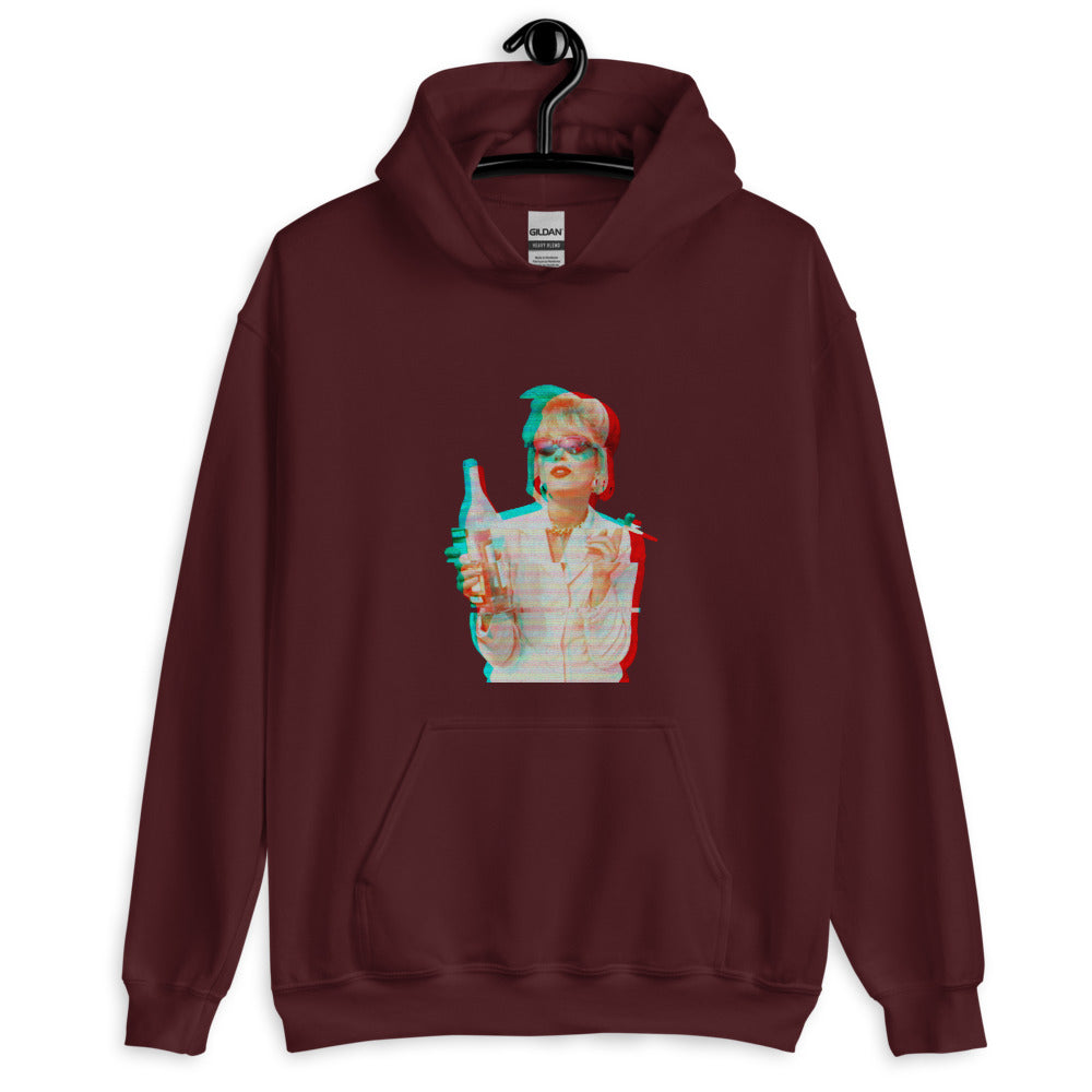 Front-view maroon hoodie with a retro glitch-style portrait of a woman holding a bottle
