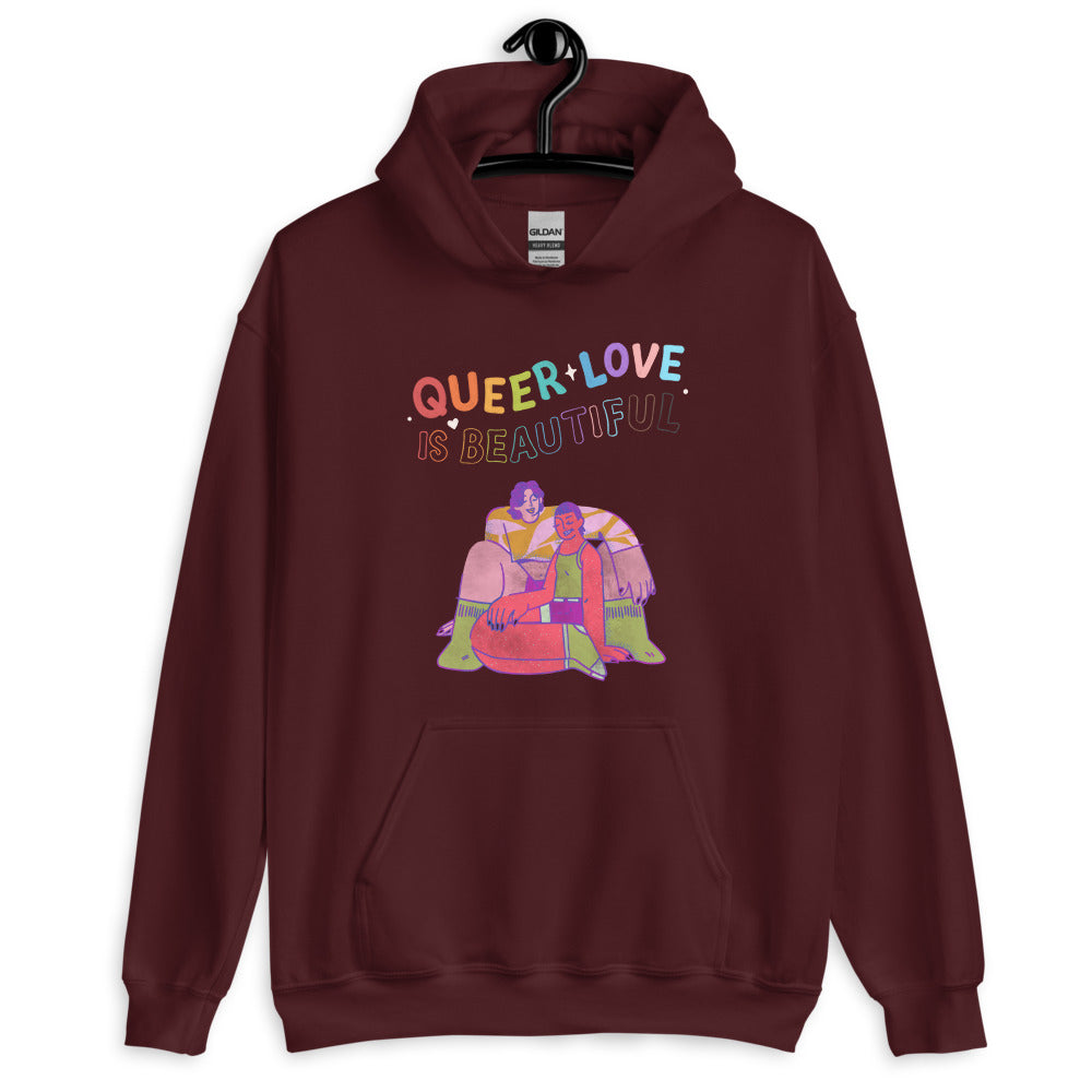 Maroon Queer Love Is Beautiful Unisex Hoodie by Printful sold by Queer In The World: The Shop - LGBT Merch Fashion