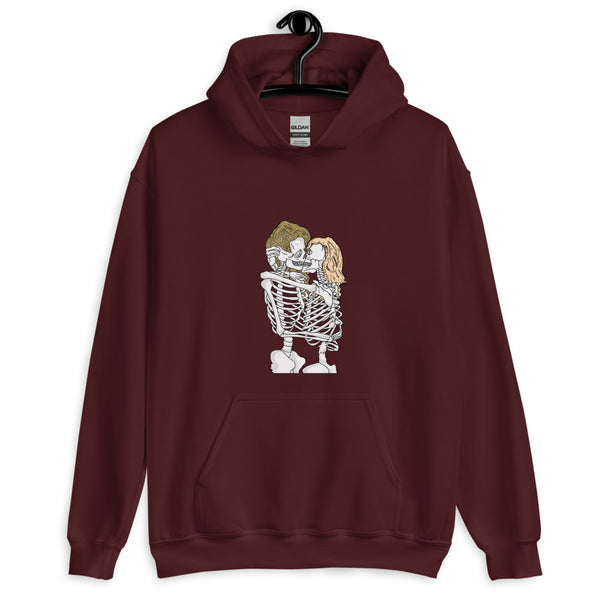 Front view of a maroon hoodie with two skeletons embracing and kissing