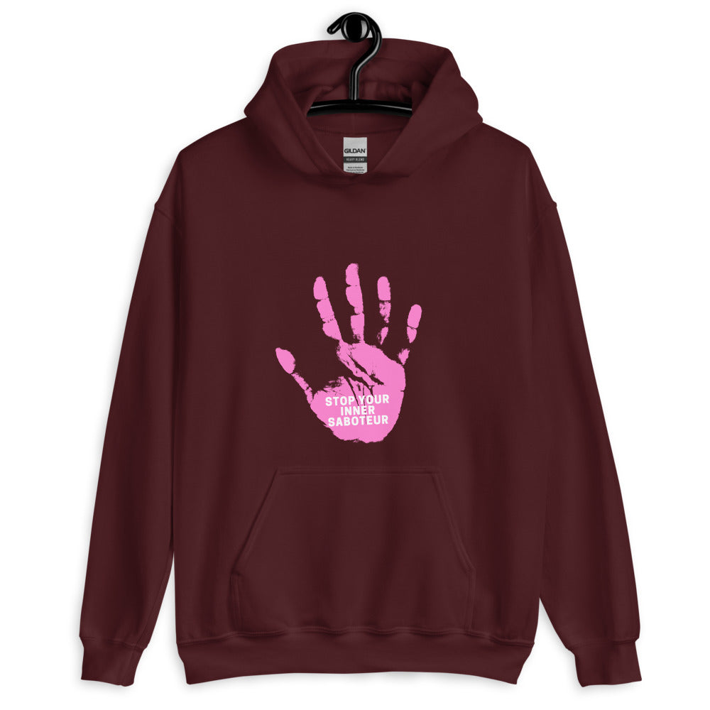 Maroon pullover hoodie with a pink hand graphic reading “STOP YOUR INNER SABOTEUR”