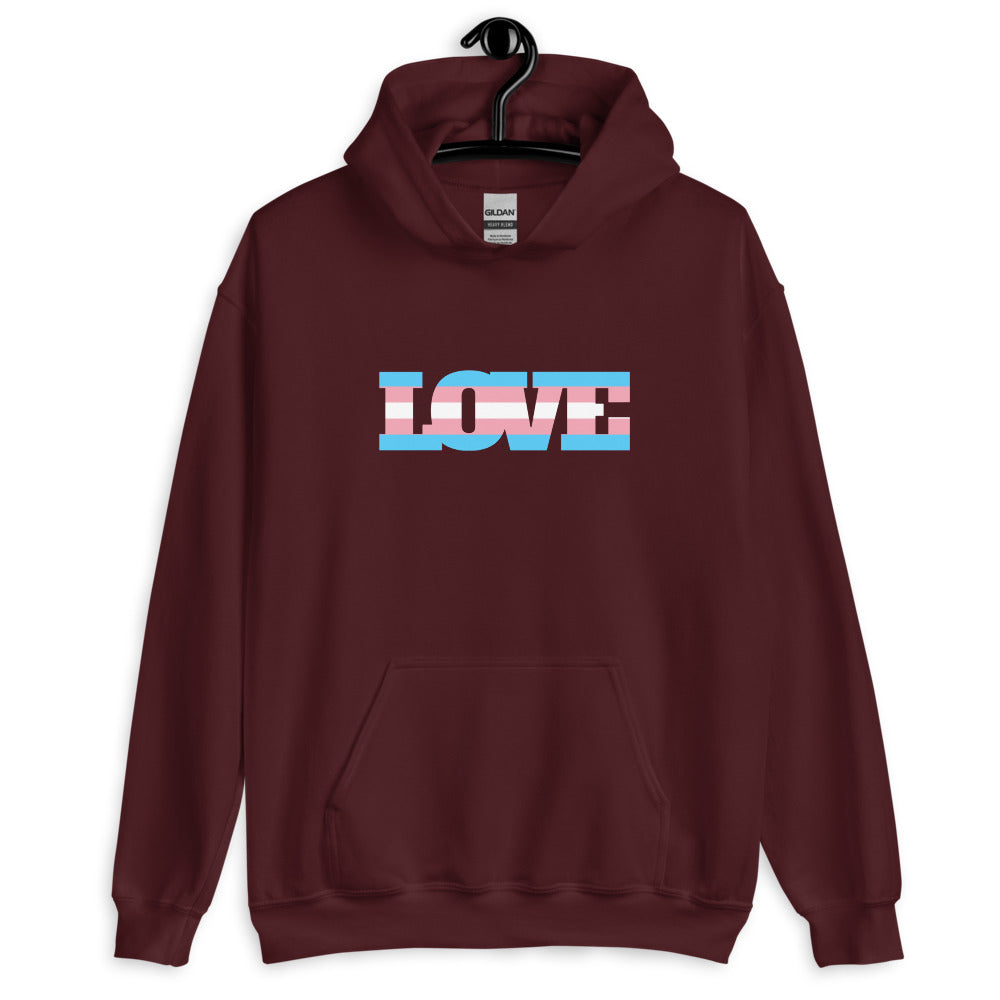 Front-view maroon hoodie with a pink, white, and blue striped “LOVE” graphic