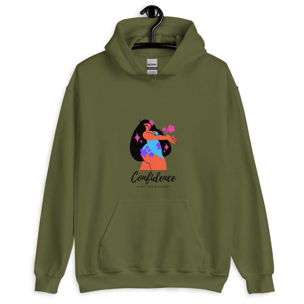 Front view of an olive-green hoodie with a colorful woman graphic and “Confidence” text