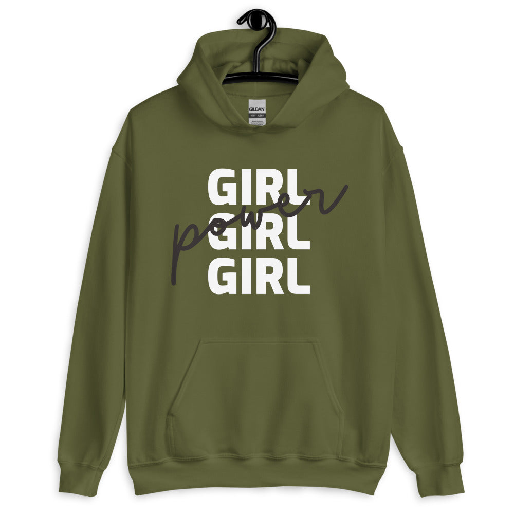 Front view of an olive-green hoodie reading “GIRL GIRL GIRL” with “power” overlaid in script