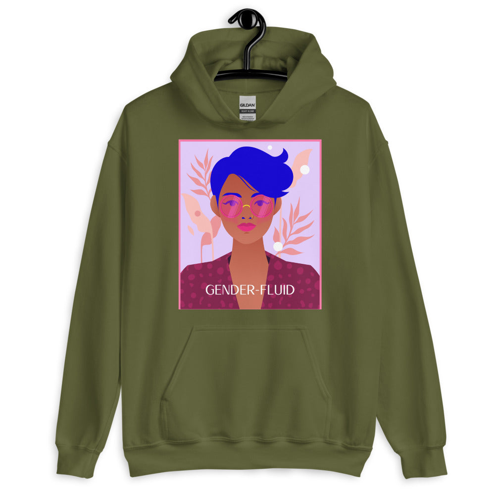 Olive-green hoodie on a hanger with a gender-fluid portrait graphic and kangaroo pocket