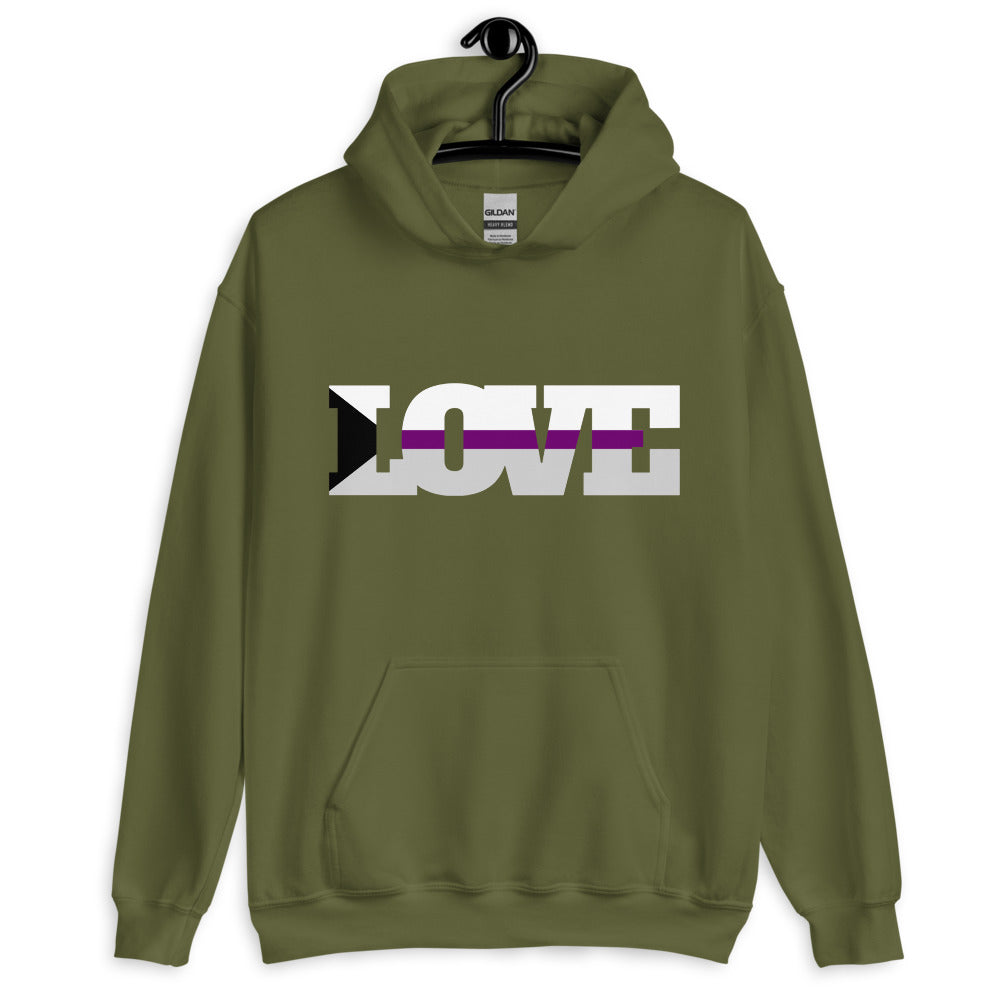 Front view of an olive green hoodie with bold LOVE lettering and a black, white, and purple stripe