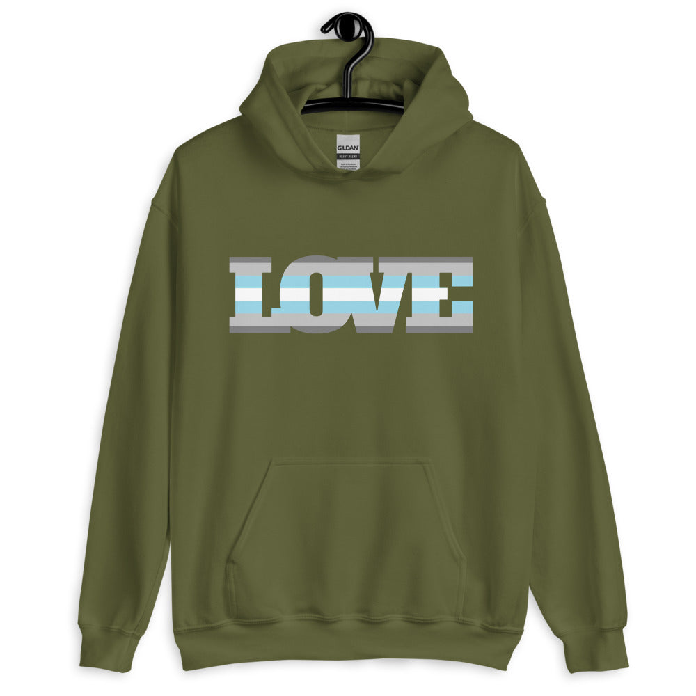 Front view of an olive-green hoodie on a hanger with a striped DEMIBOY chest graphic