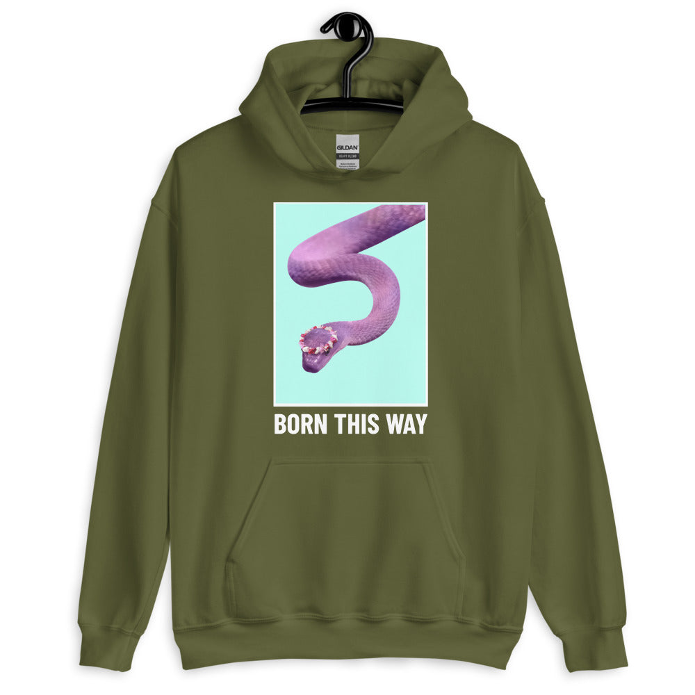 Front view of an olive-green hoodie with a purple snake graphic and “BORN THIS WAY” text