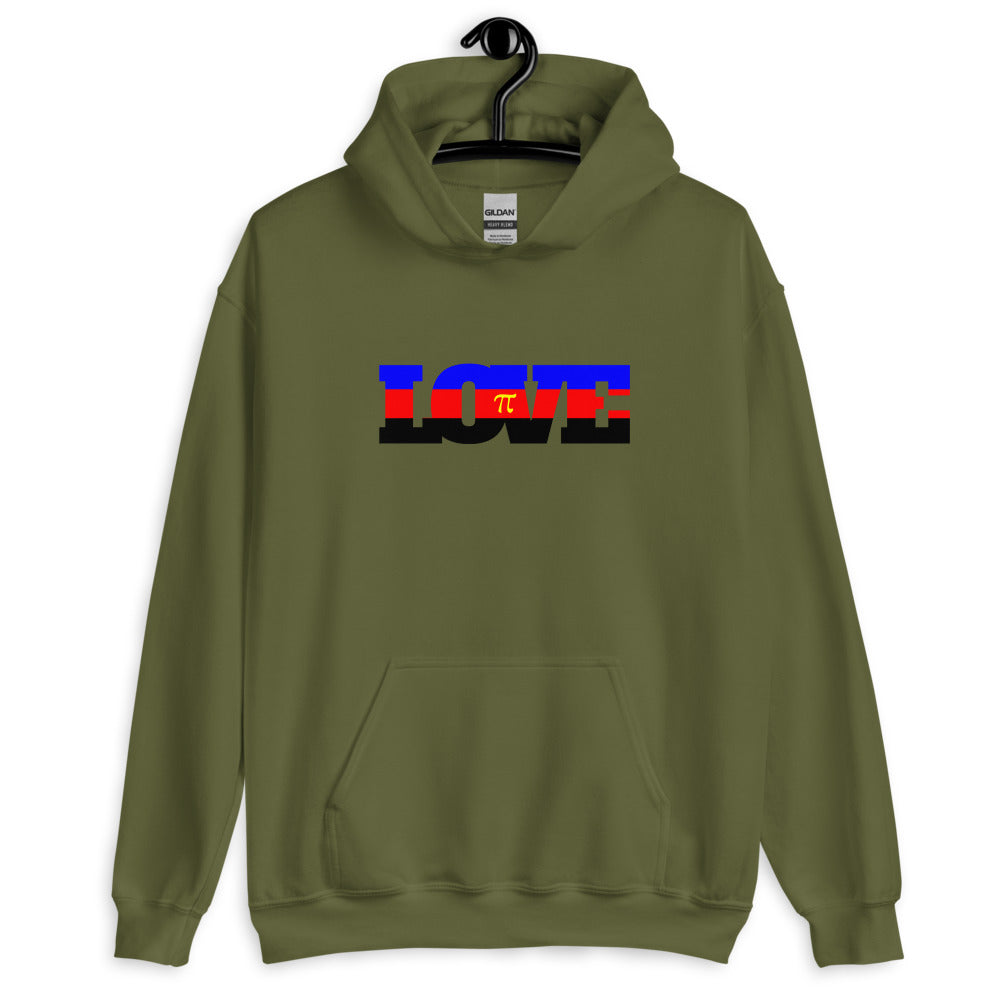 Front view of an olive-green hoodie with a colorful LOVE chest graphic
