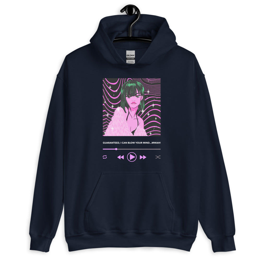 Navy hoodie on a hanger with a pink music-player graphic and woman illustration