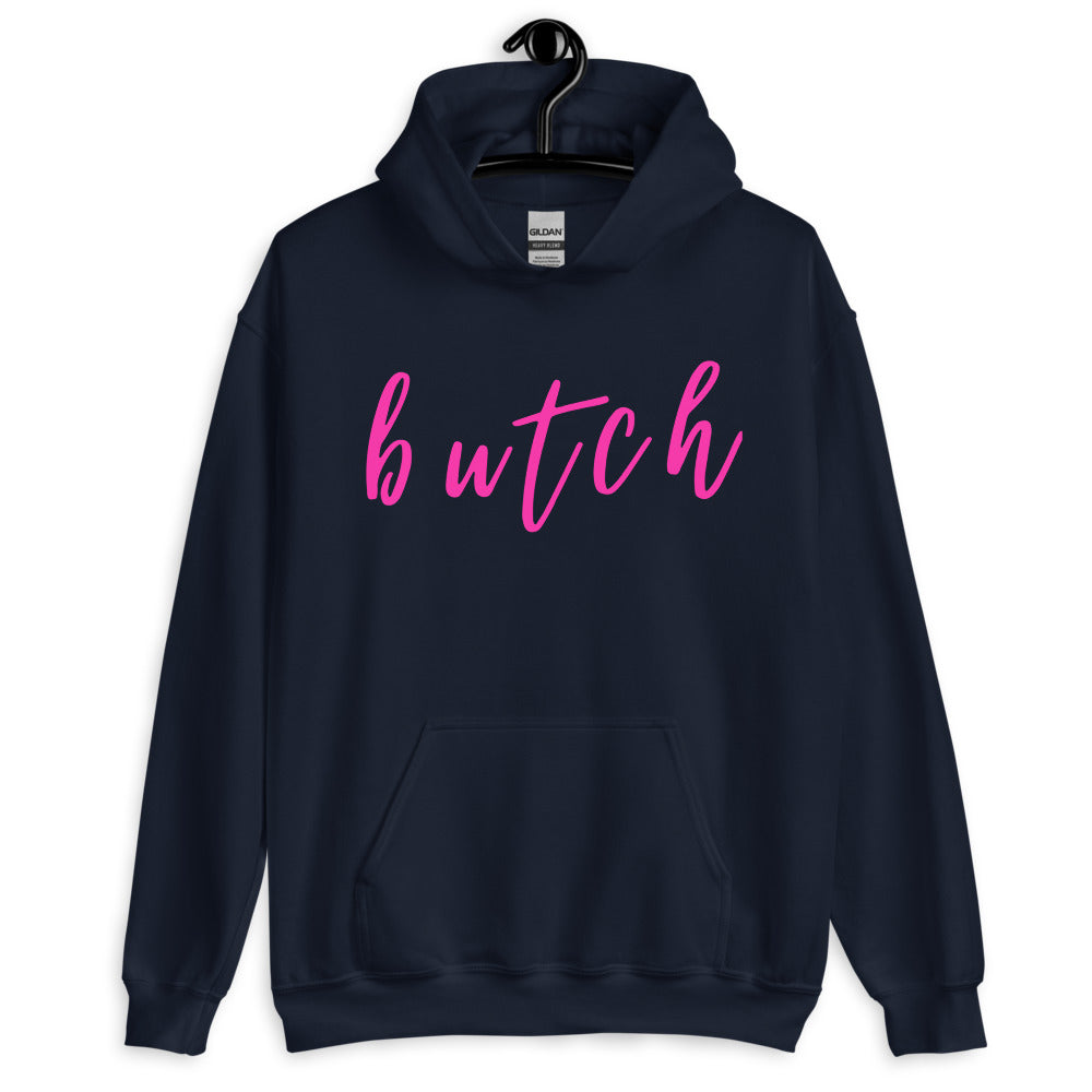 Front view of a navy hoodie on a hanger with pink “butch” lettering