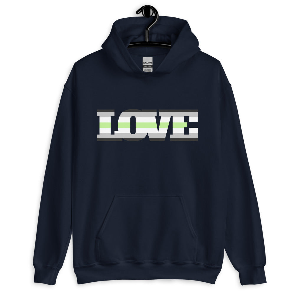 Front view of a navy hoodie with bold white and lime-green LOVE lettering across the chest