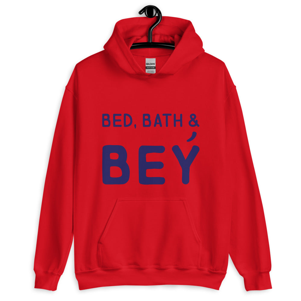 Front-view red pullover hoodie on a hanger reading “BED, BATH & BEY” in blue