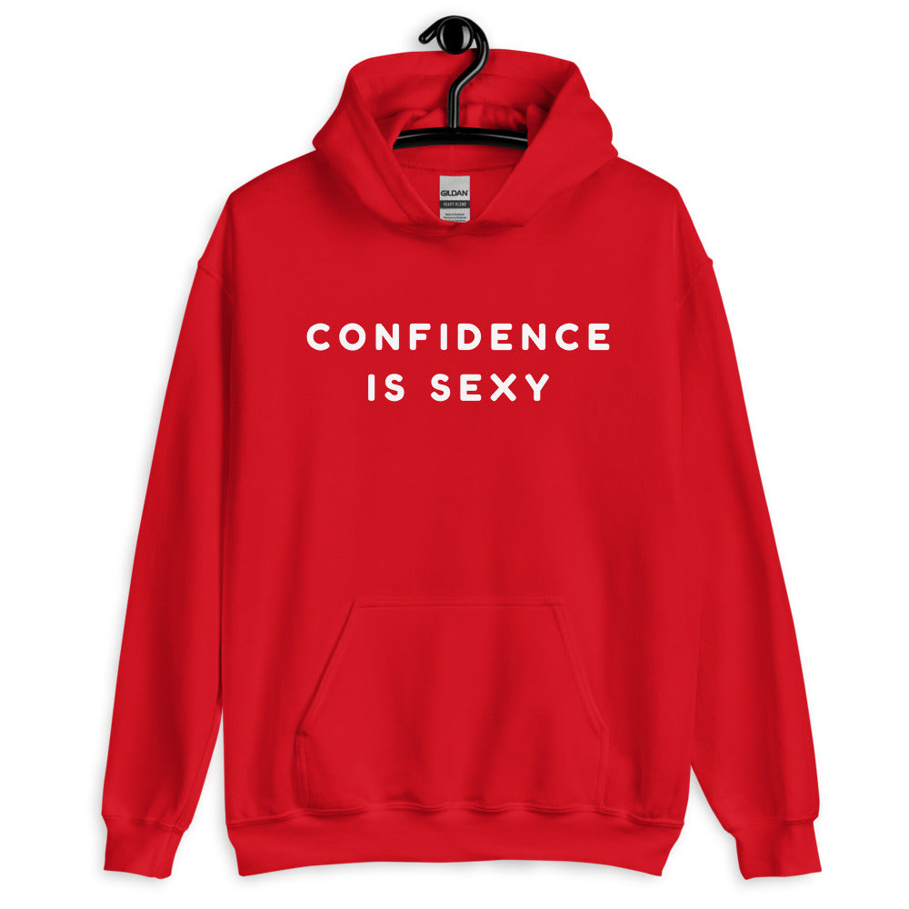 Front view of a red hoodie reading “CONFIDENCE IS SEXY” in white text