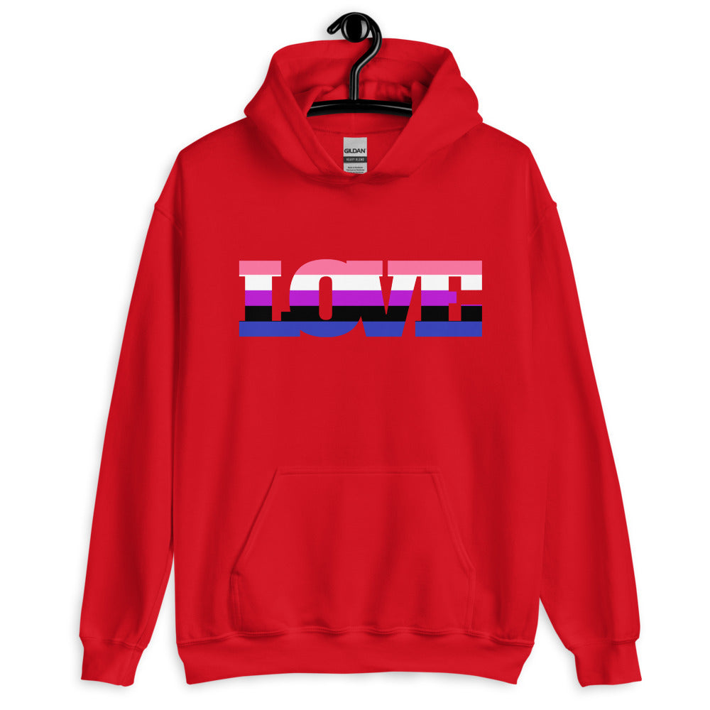 Front view of a red pullover hoodie with a stylized pink, white, purple, and blue chest graphic