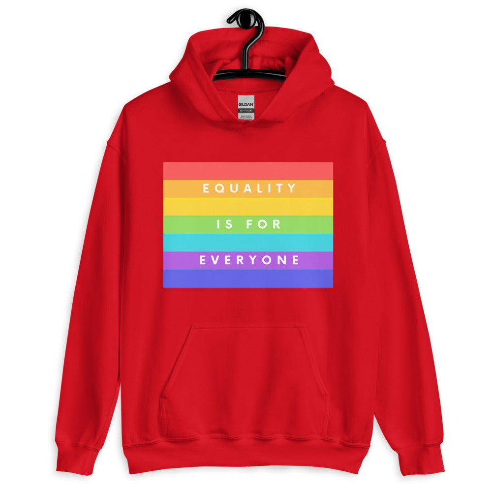 Front view of a red hoodie with a rainbow-striped “EQUALITY IS FOR EVERYONE” graphic