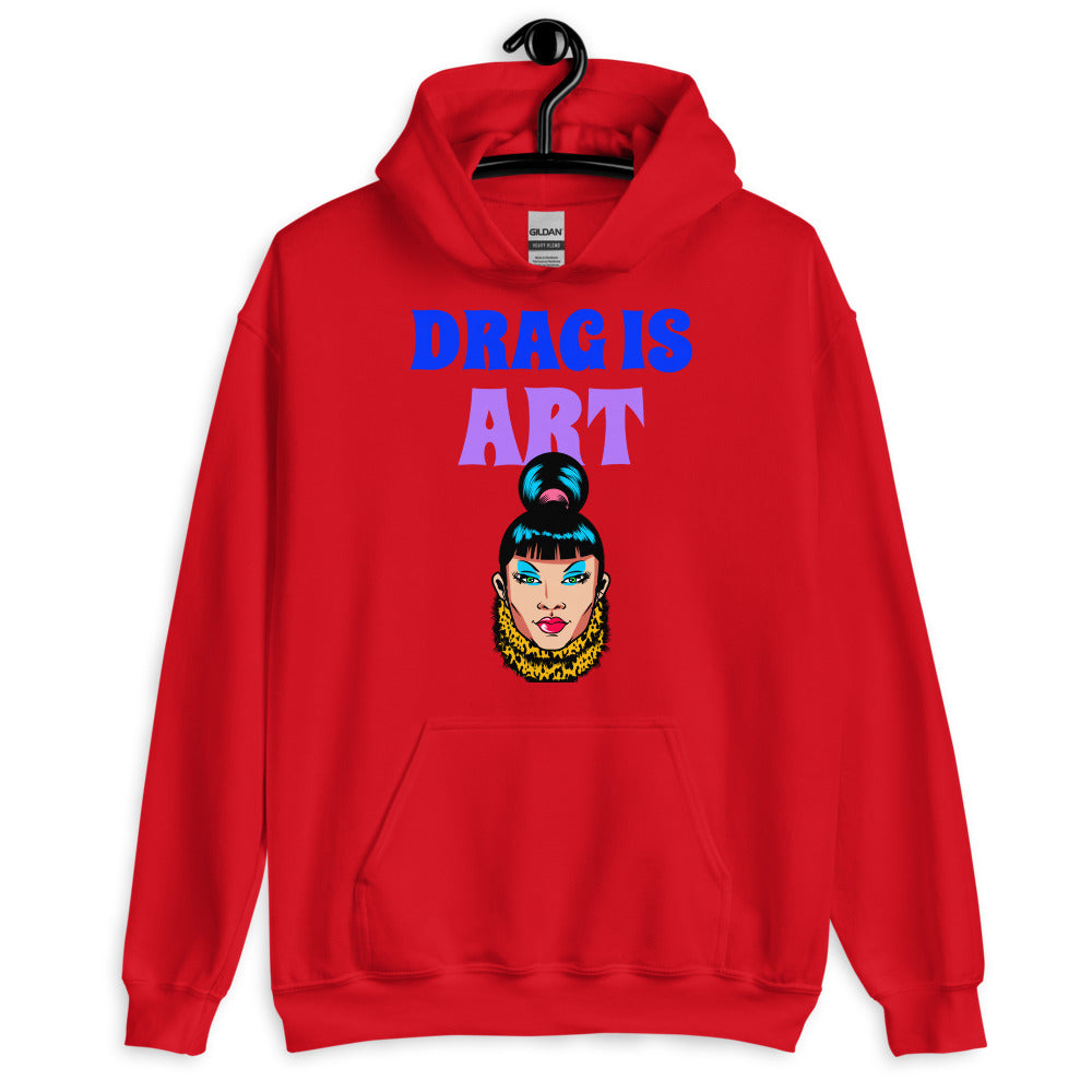 Front view of a red hoodie reading “DRAG IS ART” above a colorful drag performer illustration