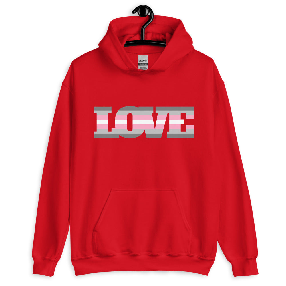 Front view of a red hoodie with a pink-and-gray striped LOVE graphic