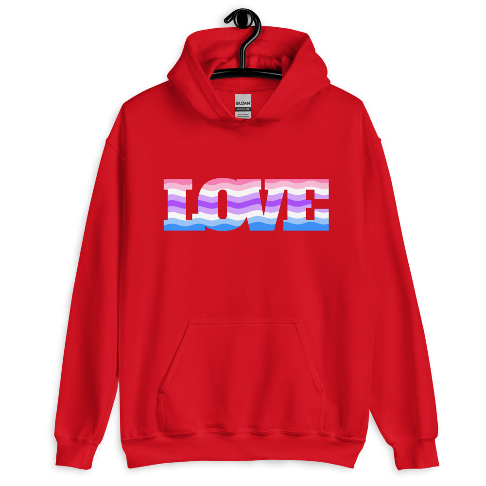Front view of a red pullover hoodie with a wavy pastel “LOVE” graphic and kangaroo pocket
