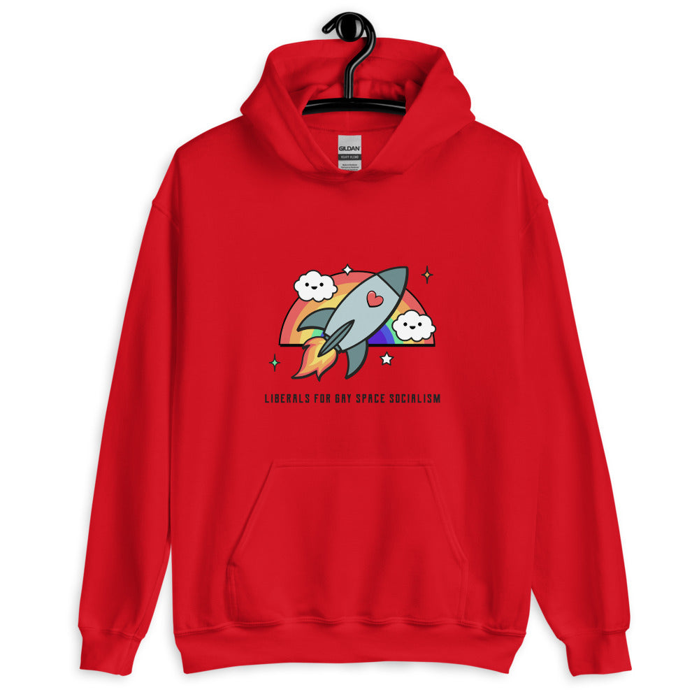 Red hoodie on a hanger with a rainbow rocket and “LIBERALS FOR GAY SPACE SOCIALISM” text