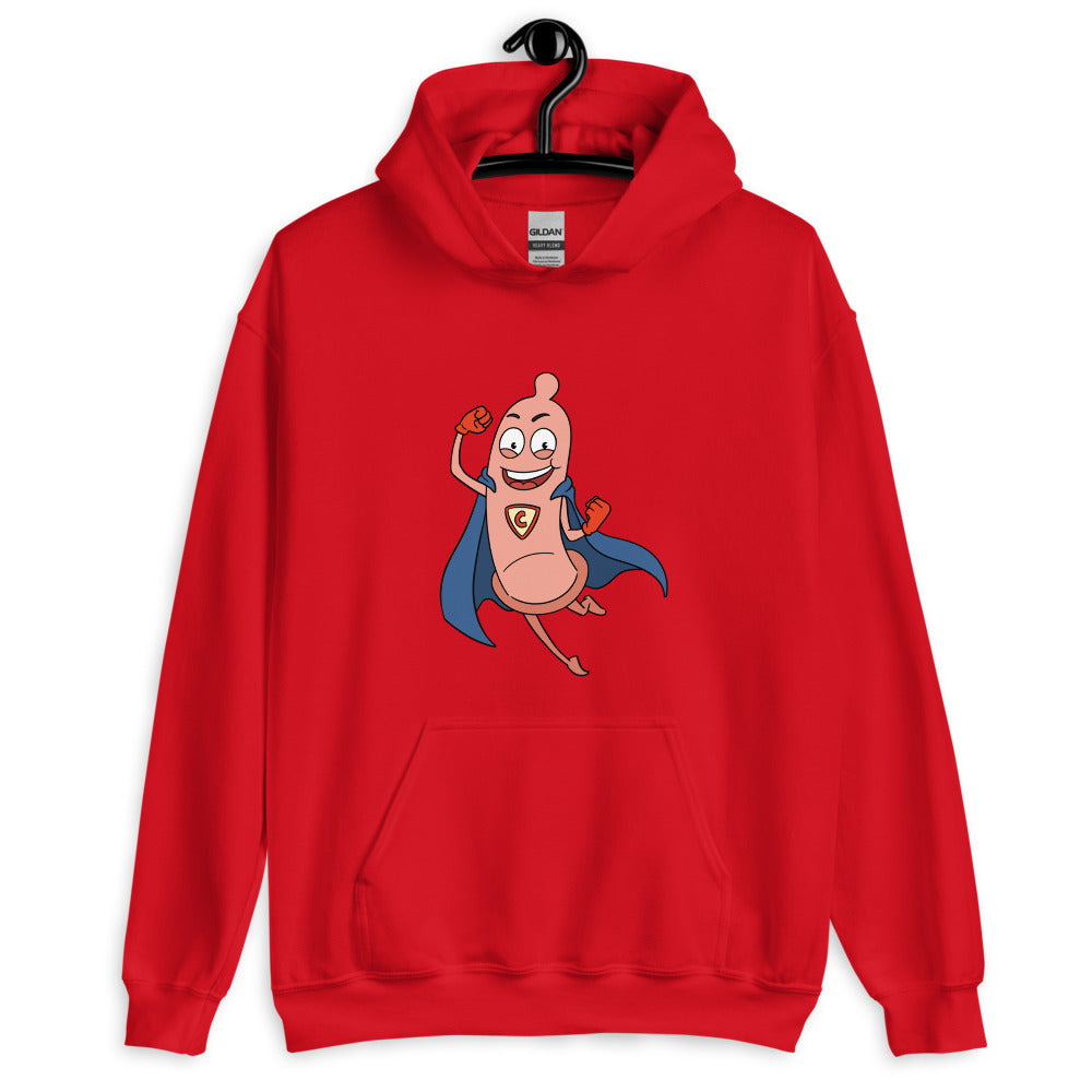 Front view of a red hoodie with a smiling superhero condom cartoon on the chest