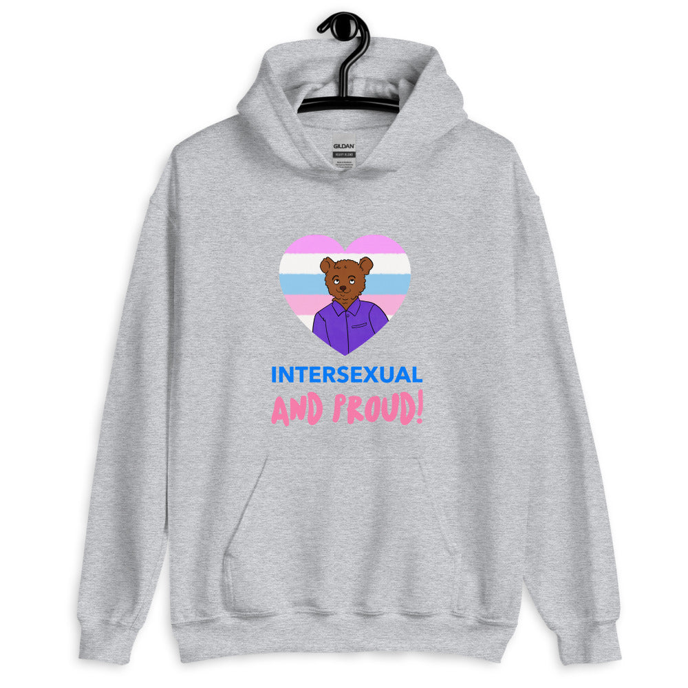 Front view of a gray hoodie reading “INTERSEXUAL AND PROUD!” with a bear in a pride-flag heart